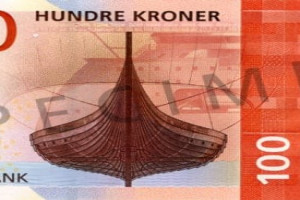 Bilde av Gokstadskipet på norsk hundrekroneseddel